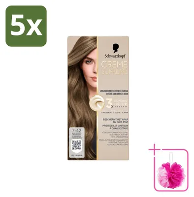Imagen del producto de 5 tintes permanentes Schwarzkopf Creme Supreme, tono 7-42, color beige claro nude, pack económico de 5 unidades
