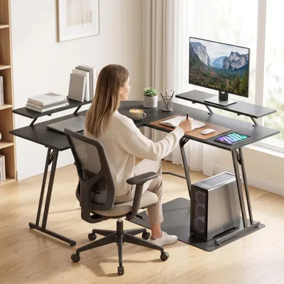 Produktbild von YARDIN 120x120cm Schwarzer Eckschreibtisch mit Kabelaussparung, Karbonfasertextur, kratzfeste Tischplatte, stabiler Stahlrahmen als Gaming- und Computertisch