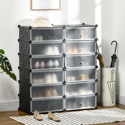 Produktbild von SUGIFT Schuhregal mit 12 Boxen für 24 Paar, modulares Schuhschrank-System, Kunststoff & Stahl, Schwarz | 94 x 37 x 108 cm | bis 24 kg | DIY montierbar