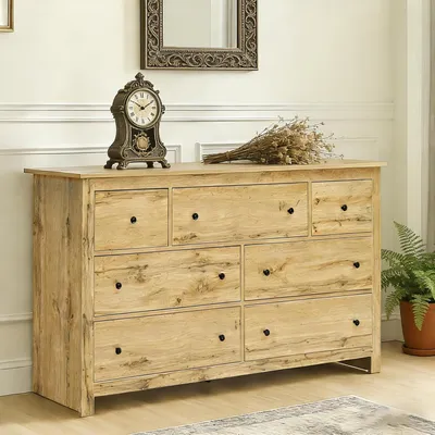 Image de Commode à 7 tiroirs, meuble de rangement naturel, buffet, meuble de rangement moderne, couleur bois