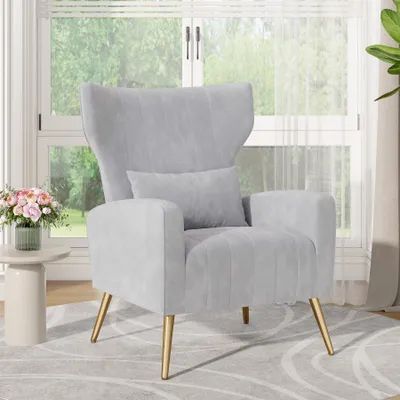 Produktbild von Hawthyhome Ohrensesel mit Samtbezug Moderner Loungesessel– Hohe Rückenlehne, Zierkissen und goldfarbene Metallfüße Hellgrau