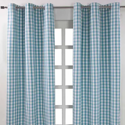 Image de HOMESCAPES Lot de 2 rideaux à œillets à carreaux bleus, L 228 cm x L 137 cm