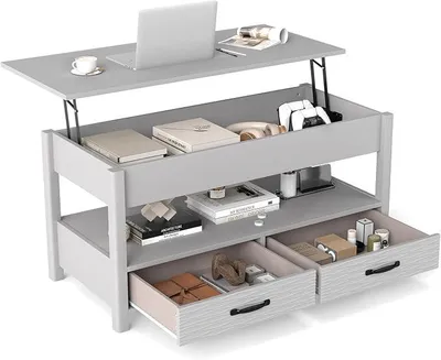 Imagen del producto de Mesa de centro con altura ajustable, mesa auxiliar para sofá con espacio de almacenamiento abierto y 2 cajones, mesa de centro para sala de estar con superficie elevable de 50-63,5 cm, mesa de café de madera para sala de estar, oficina, color gris