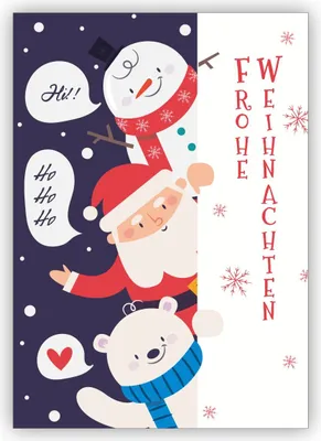Produktbild von 4x Fröhliche Weihnachtskarte mit Gruß von Schneemann, Weihnachtsmann und kleinem Eisbär: Frohe Weihnachten