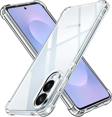 Two transparent phone cases are shown crossed over each other, with phones inside them.