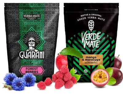 Produktbild von Guarani & Verde Mate - Mate Tee Set Forest Berries, Mango Maracuya 2x500g - Rauchig Mit Staub & Luftgetrocknet, Mild - Yerba Paraguay & Brasilien