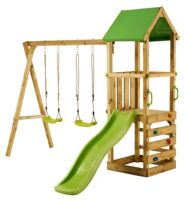 Image de KANGUI Aire de jeux bois enfant WALLI 90 - Toboggan, balançoires, escalade et cabane