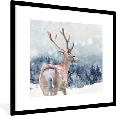 Produktbild von MuchoWow® Gerahmtes Poster Winter - Hirsche - Tiere 40x40 cm - Poster mit Schwarzem Bilderrahmen Wandposter Rahmen Foto Bilder - Poster - Plakat im Rahmen
