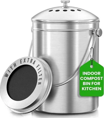 Produktbild von Famanu Kompostbehälter Edelstahl – 5 Liter Kompostbehälter mit Deckel – Inklusive 1 Ersatzkohlefilter