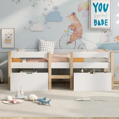 Produktbild von MODFU Kinderbett mit Schublade und Rausfallschutz 90x200 cm, Weiß (Ohne Matratze)