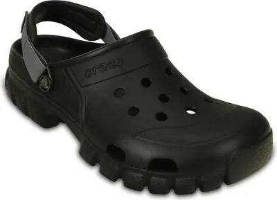 A black Crocs Offroad Sport Clog with a gray strap is shown against a white background.