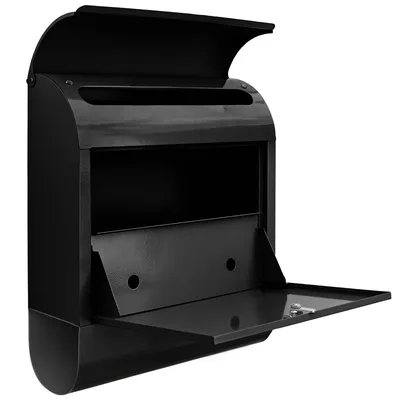 A black metal mailbox with its front door open, mounted on a white background.