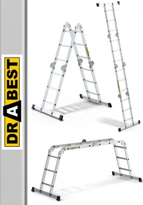Produktbild von DRABEST | Leiter - Aluminium Klappleiter, 4x 3, Mehrzweckleiter 3-in-1, Stehleiter/Anlegeleiter/Arbeitsplattform, Anti-Rutsch, Belastbar 150 kg