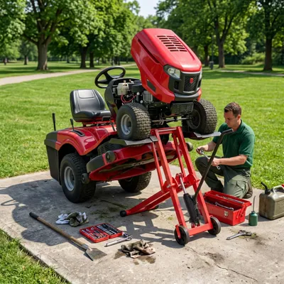 Image de Plateforme élévatrice pour tracteurs de tonte QEENTOE, équipée d'un cric hydraulique, réglable en hauteur sur 3 positions, avec une capacité de charge de 227 kg, et un châssis en acier conçu pour les tondeuses autoportées