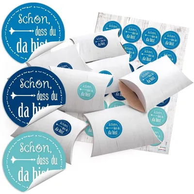 Produktbild von 48 kleine Geschenkschachteln Geschenk-Boxen Kartons Holz Optik weiß 14,5 x 10,5 cm, 3 cm hoch und runde Aufkleber blau türkis SCHÖN, DASS DU DA BIST Ø 4 cm