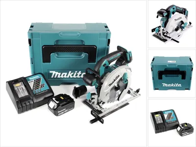 A collage of images showing a Makita cordless circular saw, its accessories, and its storage case.