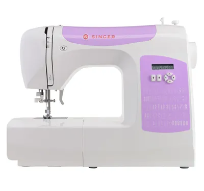 A white and purple SINGER sewing machine is shown against a white background.