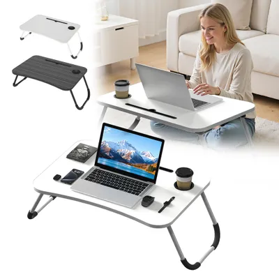 Produktbild von NAIZY Verstellbarer Faltlaptoptisch 60x40cm, Laptop Tisch für Sofa und Bett, mit Getränkehalter und Tabletschlitz, MDF Tischplatte, Weiß