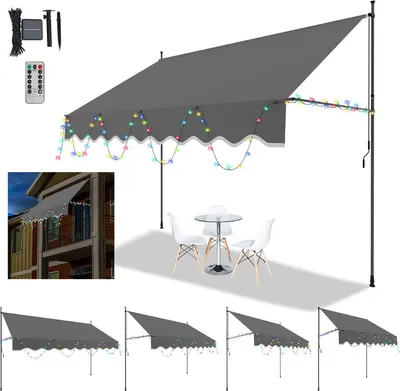Zdjęcie produktu dla Markiza Fiqops z zaciskiem LED Wysuwana markiza przeciwsłoneczna Ochrona przeciwsłoneczna balkonu bez wiercenia 250x120cm