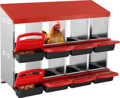A red and silver chicken nesting box with multiple compartments.