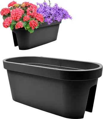 Produktbild von 2er Set Balkon Geländer Blumenkasten, Geländertopf, Balkonkasten, Blumentopf, Blumenkübel, Pflanztopf Railing oval 59x26cm schwarz