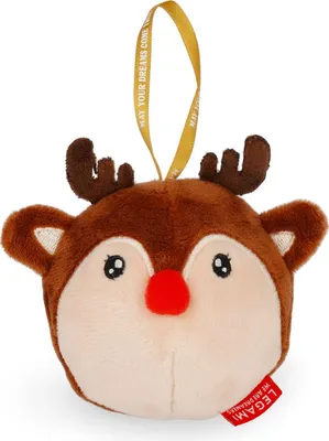 A plush reindeer ornament hanging from a gold ribbon.