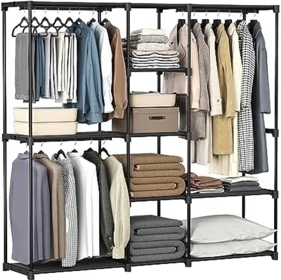 Produktbild von PromoHome® Kleiderschrank Garderobe Stehender Kleiderständer mit Regalen und Kleiderstangen Viel Stauraum Schwarz 182 cm