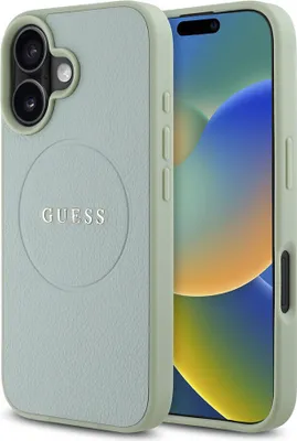Produktbild von Guess PolyurethanGrained Classic Logo MagSafe Hülle für iPhone 16 Grün Handyhülle