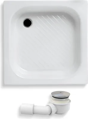 A white square shower tray and a white drain assembly are shown against a white background.