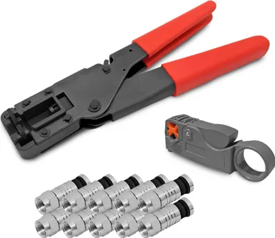 Produktbild von ARLI Kompressionszange + Abisolierer + 10x F-Kompressionsstecker 7 – 7,5 mm – Werkzeugset für SAT TV Koaxkabel