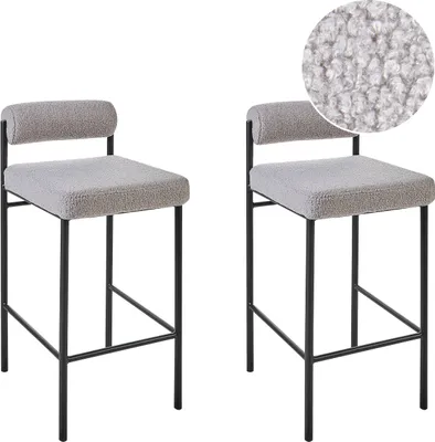 Produktbild von BELIANI Barstuhl 2er Set Grau Bouclé und Metall mit Niedriger Lehne Fußstützen Retro Design Sitzmöbel Wohnzimmer Küche Bar Wohnküche Ausstattung