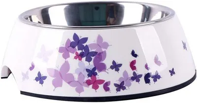 Produktbild von Dehner Lieblinge Hunde- und Katzennapf, Ø 14 cm, Höhe 5 cm, 160 ml, Melamin/Edelstahl/Gummi, weiß/lila