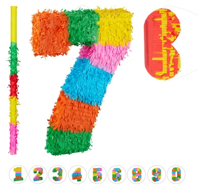 Immagine prodotto di Set piñata da 3 pezzi per compleanno, numero 7, bastone per piñata con maschera per gli occhi, per bambini e adulti, piñata da riempire autonomamente, colorata