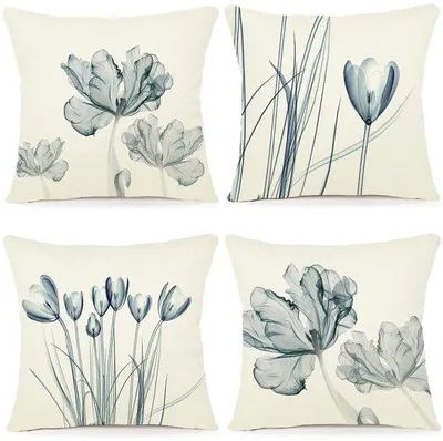 Imagen del producto de Ibenzoa® Juego de 4 fundas de cojín de 50 x 50 cm – Tejido de mezcla de lino hecho con fibras naturales, fundas decorativas con estampado floral y cremallera oculta