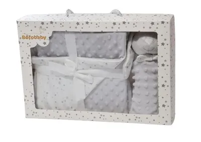 Produktbild von Baby Geschenkset: Wendedecke 75x100 cm + Kuscheltier Hase 25x25 cm – Grau mit Sternchen – Geschenkbox