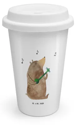 Produktbild von Mr. & Mrs. Panda Thermobecher Bär Gitarre - Weiß - Geschenk, ToGo Kaffeebecher, Teddy, Coffee To Go Becher, Mehrwegbecher