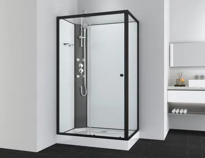 A modern bathroom with a black-framed glass shower cabin.