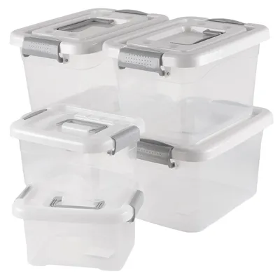 Productafbeelding van 6 opbergboxen met deksel, 2 formaten: 27 x 20 x 16,5 cm en 20 x 15,5 x 11 cm, transparant, kunststof, met een wit deksel.