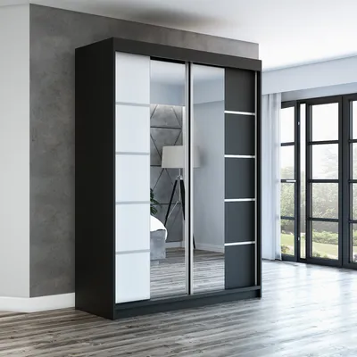Produktbild von Schwebetürenschrank, 2-türig Schrank ERA 160 cm (mit Spiegel) (Schwarz / weiß / schwarz)