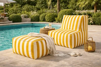 Produktbild von Gartenmöbel Set Patio, Sessel 70x85x70 cm und Sitzsäcke 70x70x35 cm, Balkonmöbel, Gartenmöbel, Strapazierfähige und wetterfeste Cloud-Stoff, Gelb und Weiß