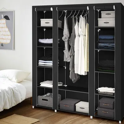 Produktbild von Kleiderschrank Stoffschrank Faltschrank Wäscheschrank Garderobe mit 3 Türen Kleiderstange Vlies Gewebe Schwarz 172*134*43cm