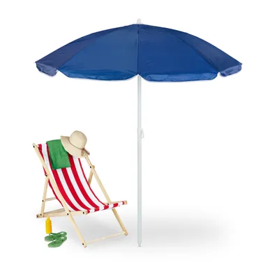 Produktbild von Relaxdays Sonnenschirm, Ø 160 cm, knickbar, höhenverstellbar, UV-Schutz, Strandschirm mit Tasche, Strand & Balkon, blau