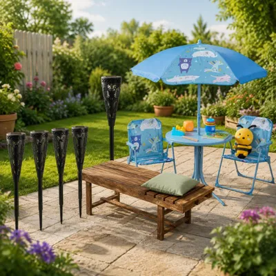 Produktbild von Familien-Gartenmöbel-Set (3-teilig) – Kinder-Camping-Set, 2-Sitzer-Bank aus Tannenholz & Solartaschenlampe