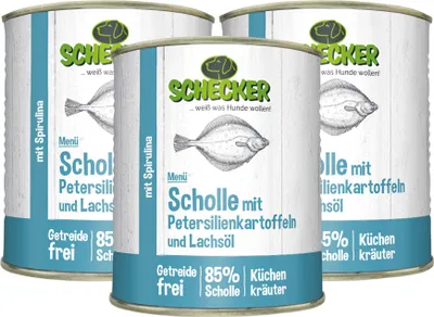 Produktbild von 3 x 820 g Schecker Nassfutter - Hundemenü Scholle mit Kartoffeln und Lachsöl - getreidefrei