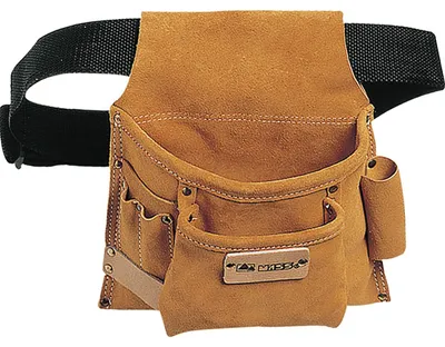 Produktbild von Doppelfach-Nageltasche Leder mit Gurt, Nageltasche Gürteltasche mit 2 Taschen und Hammerschlaufe, braun, 274 x 268 x 65 mm, 88EX