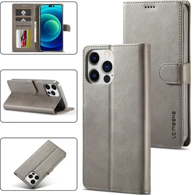 Image de Étui pour iPhone 14 Pro étui en cuir avec fermeture magnétique et support, étui de protection Gris