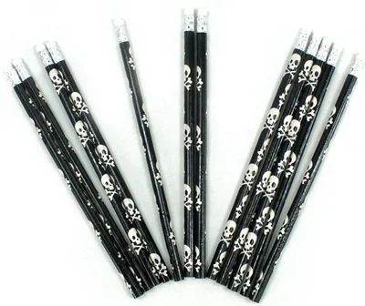 Immagine prodotto di set di 12 matite dal design piratesco con gomma, con teschi, nero