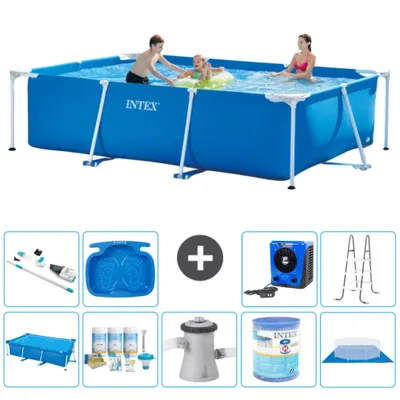 Produktbild von Intex-Schwimmbecken mit rechteckigem Rahmen – 300 x 200 x 75 cm – Blau – im Lieferumfang enthalten Sonnensegel - Wartungspaket - Filterpumpe für Schwimmbad - Filter - Bodenplane - Staubsauger