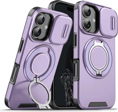 Image de Étui double couche pour iPhone 16 Plus, avec couvercle coulissant pour l'appareil photo et support magnétique pour anneau Violet