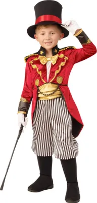 A young boy dressed in a circus director costume, posing for a photo.
